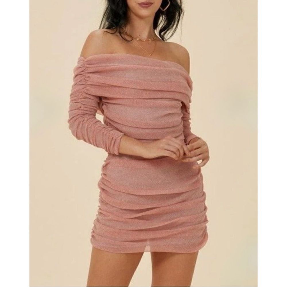 NWOT DAYS OF ESME Pink Glitter Ruched Off The Shoulder Dress